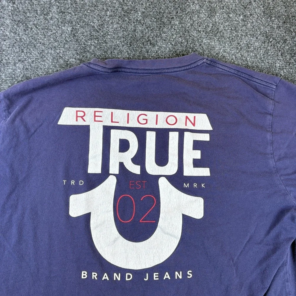 True Religion Brand Jeans T Shirt Mens XL Blue‎ Logo Short Sleeve Crew Neck